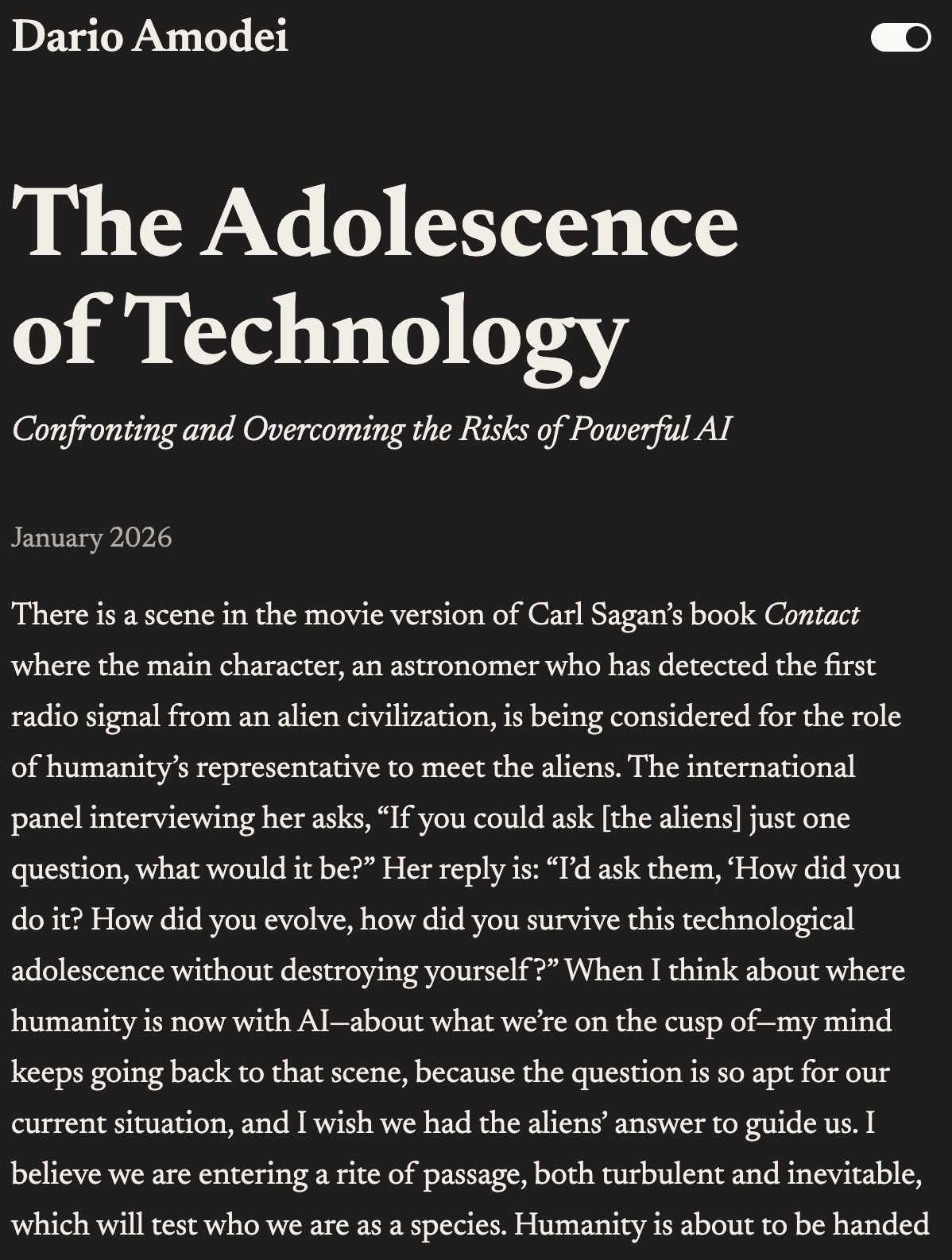 Dario Amodei's five AI risk buckets: autonomy, misuse, power seizure, economic disruption, unknowns