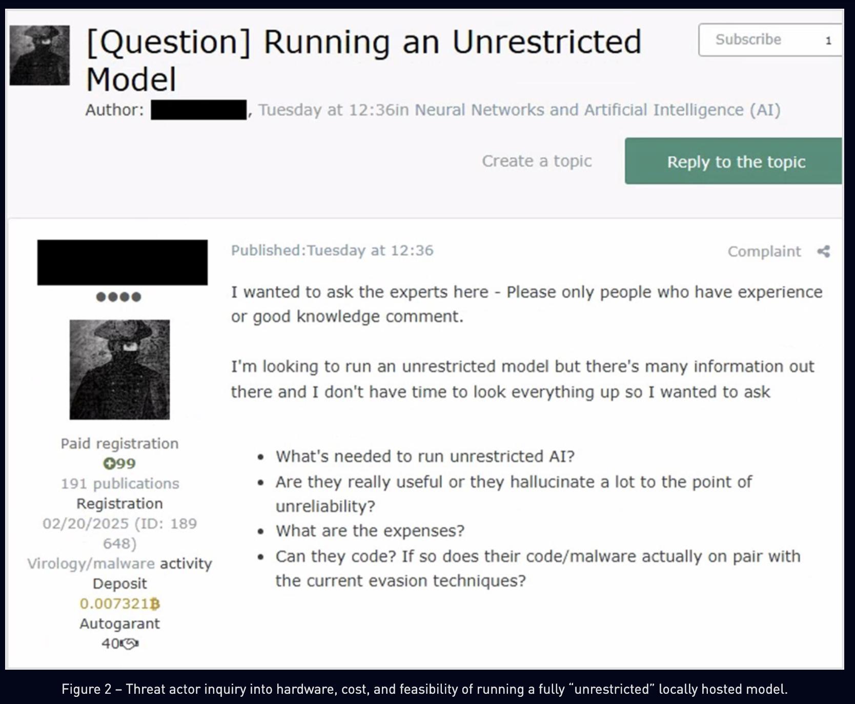 Threat actor asking about cost and feasibility of running an unrestricted local model. Source: Check Point Research.