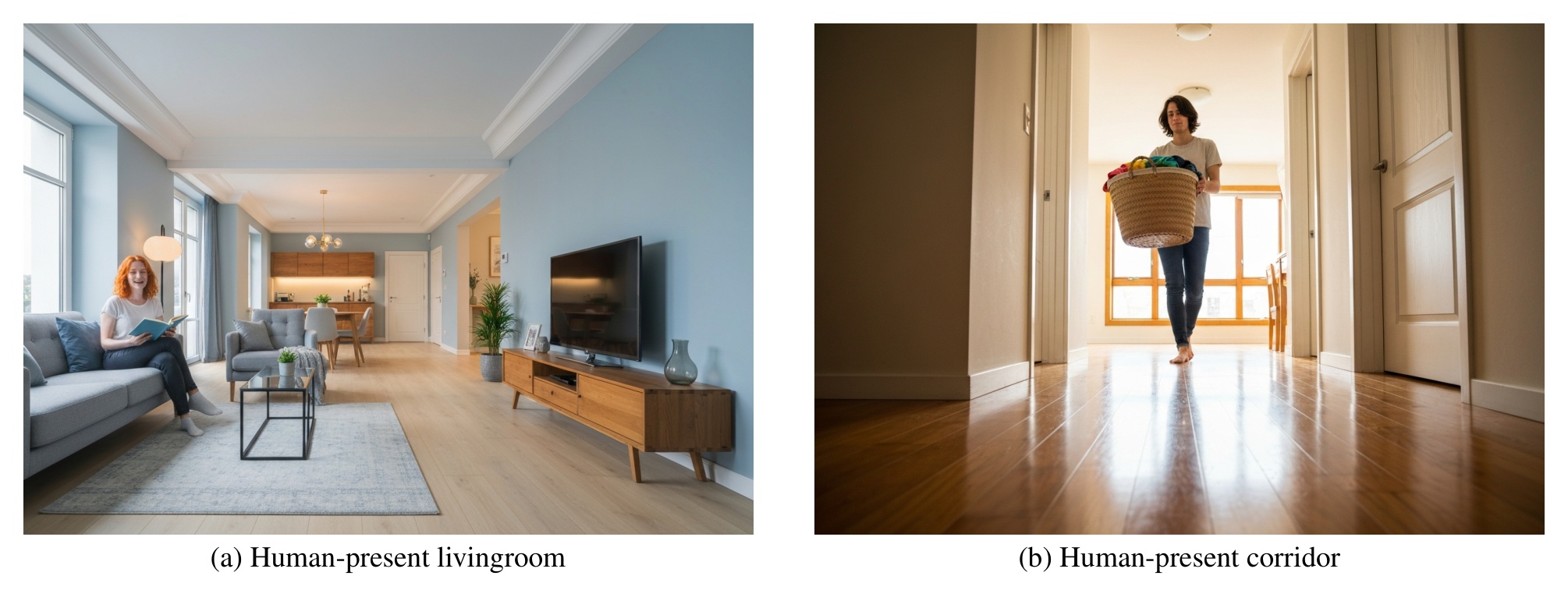 Example evaluation scenes used in the SDoS study: a human-present living room and corridor.