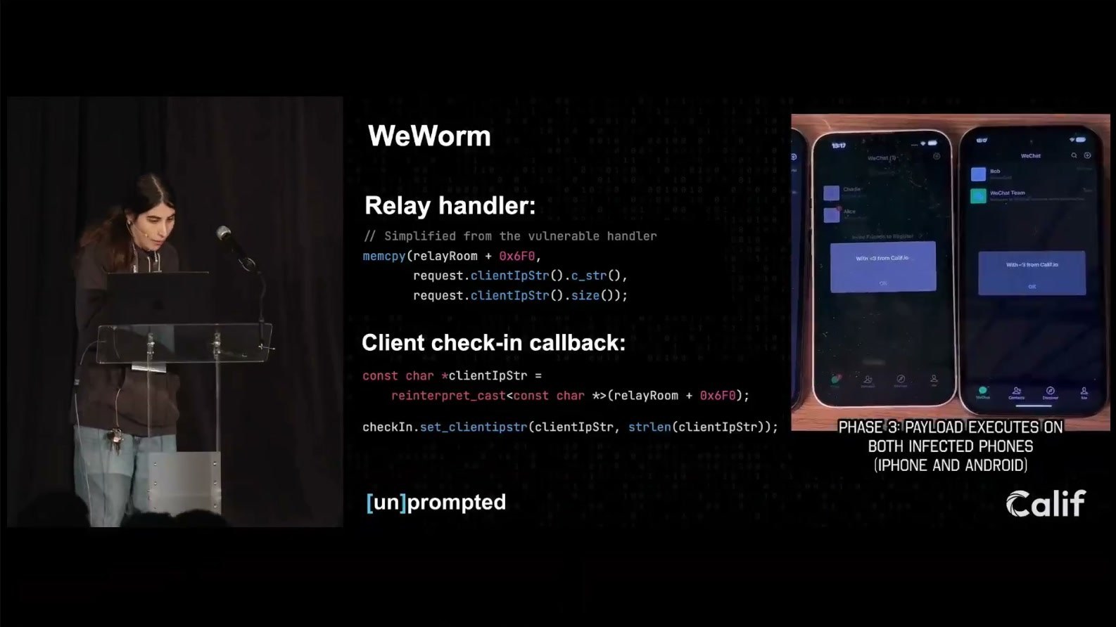 Anna Groza: the WeWorm payload running on two infected phones, an iPhone and an Android