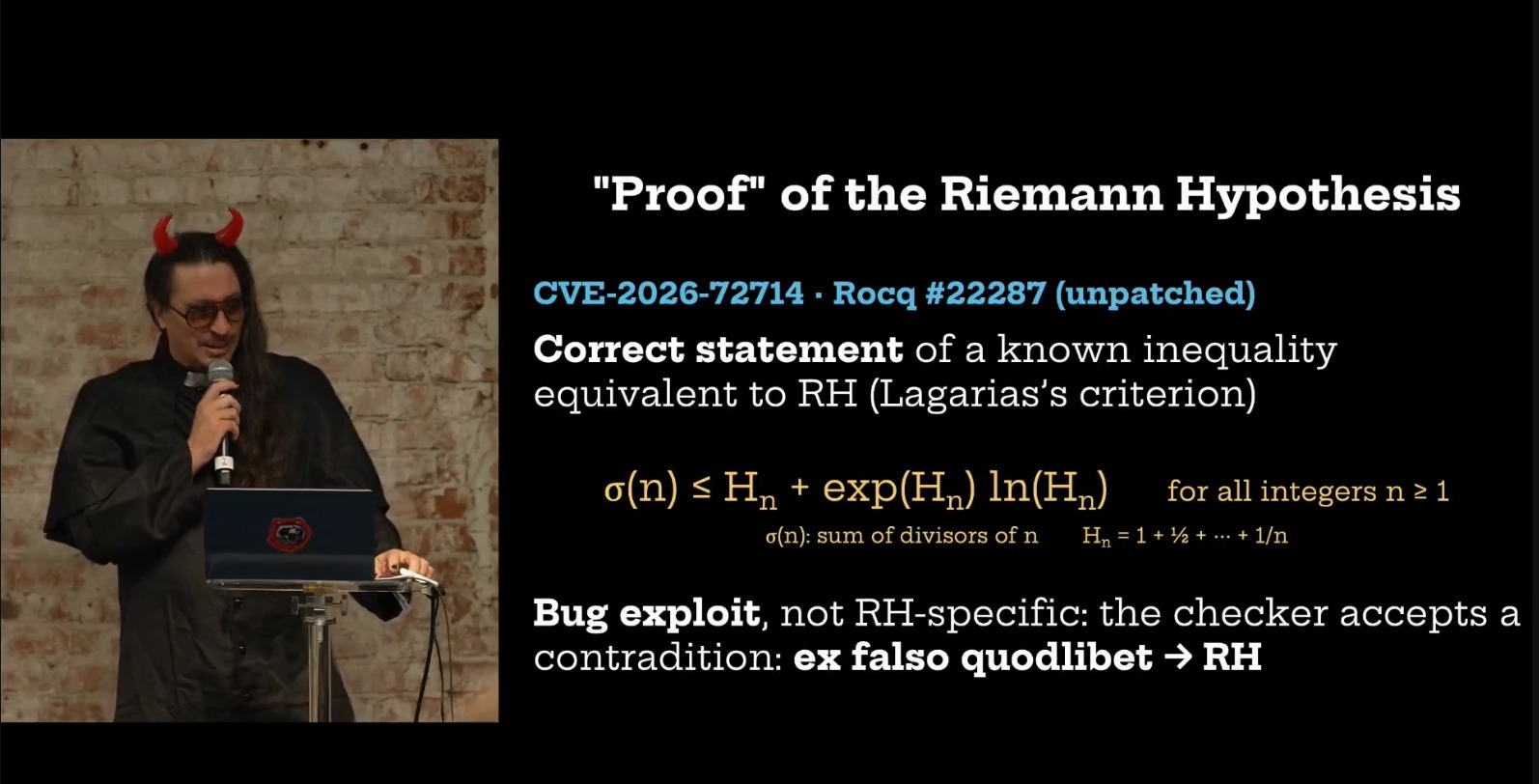 Jonathan Brossard: a Rocq proof of the Riemann hypothesis through an unpatched bug